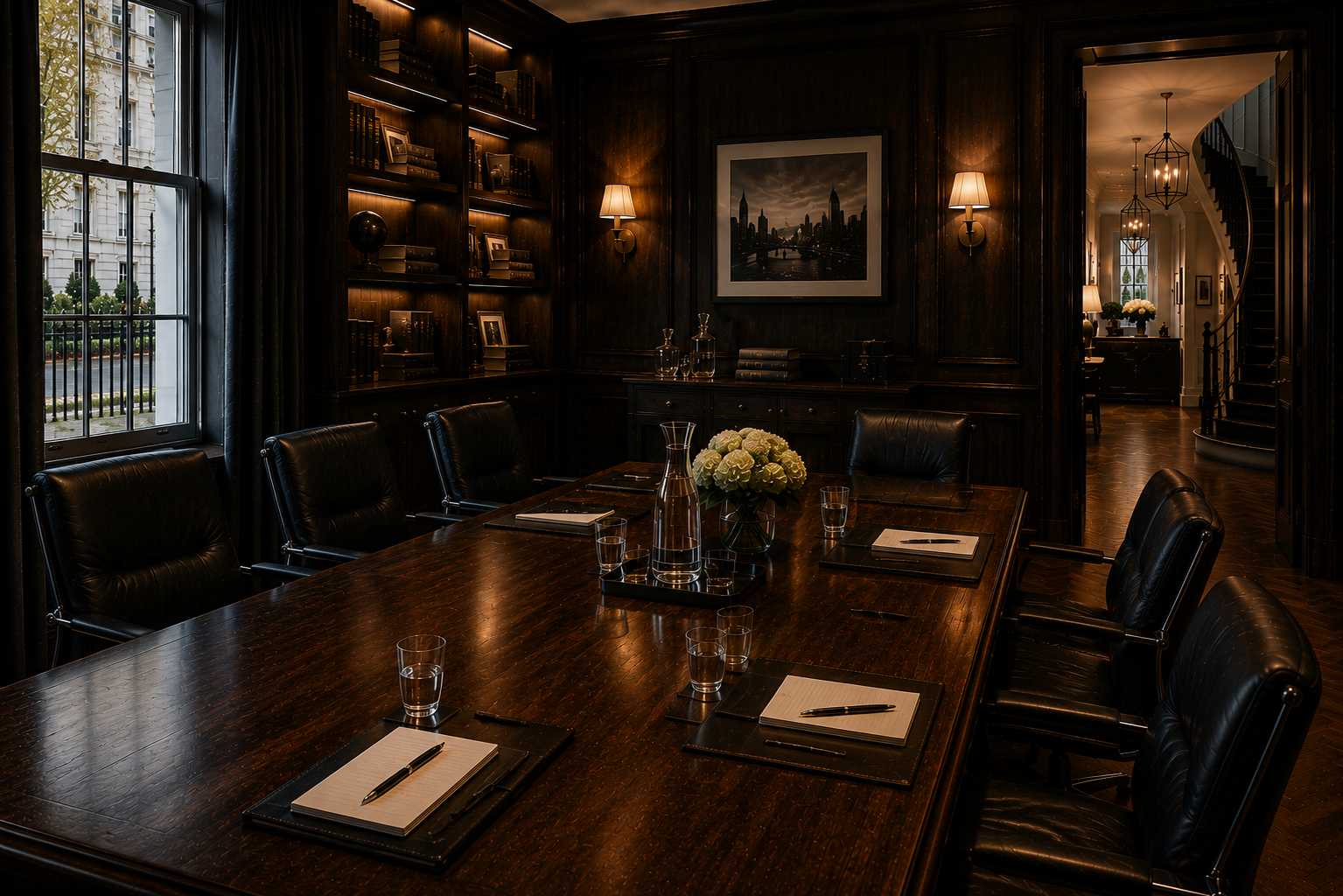 Boardroom prepared for commercial and legal decisions