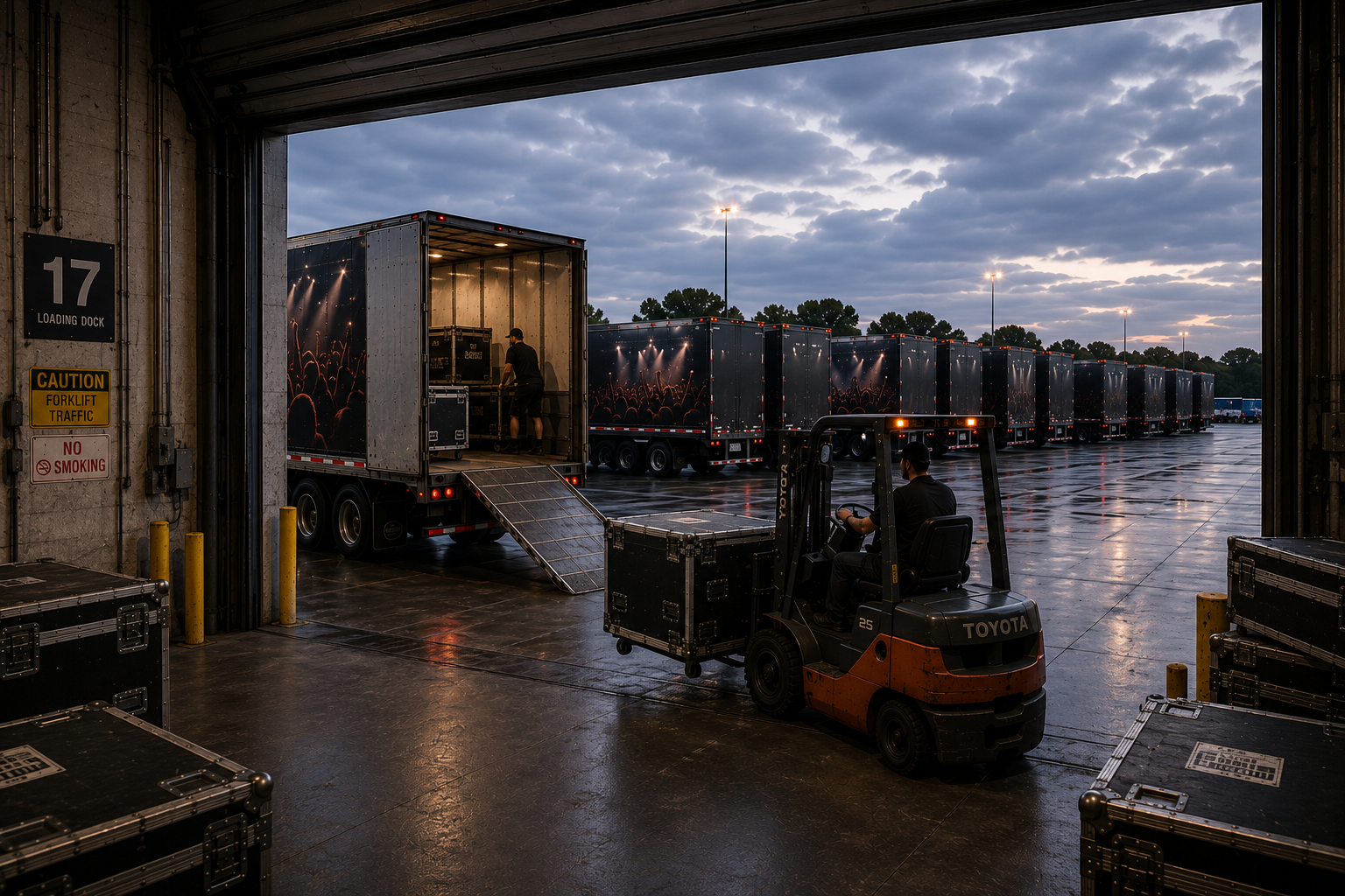Stage production equipment being loaded into a live venue