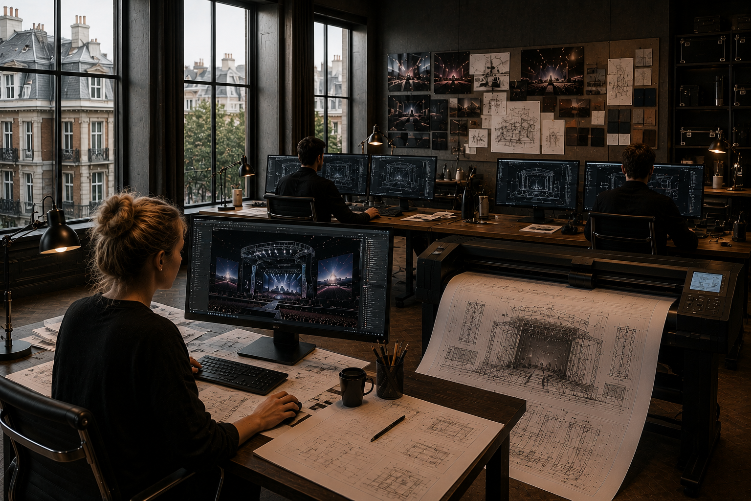 Production specialists designing a large stadium stage